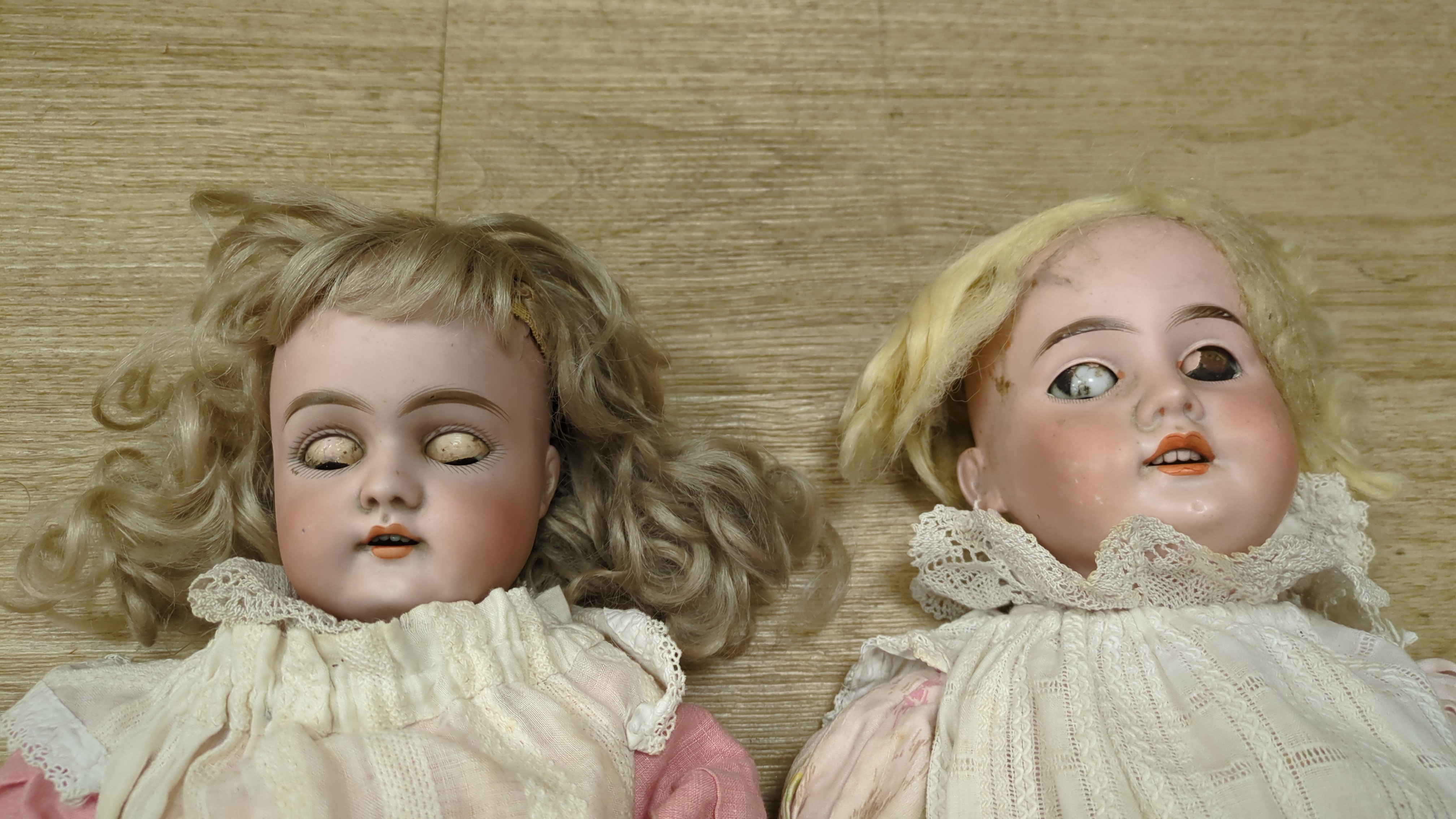 German doll with original shoes, clothes and wig in good condition, pierced ears, marked 79 Handwerk, 46cm with AM1894 doll, damaged eyelids, replaced wig, original clothes and shoes, also some underwear, 49cm